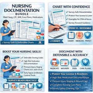 May include: Four-panel graphic promoting a nursing documentation bundle. Each panel features text and illustrations, including a nurse, charts, and medical supplies. Titles include "Nursing Documentation Bundle" and "Chart with Confidence."
