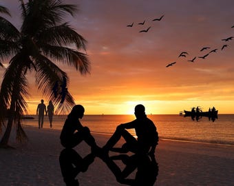 Impressão artística romântica de pôr do sol na praia, silhueta de palmeira tropical (download digital)