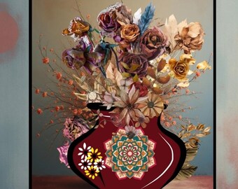 Impresión de jarrón floral burdeos vintage, ramo de mandala (descarga digital)