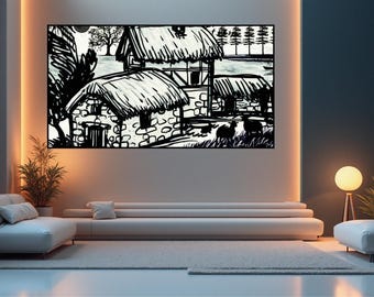 Impresión de boceto de casa de campo, paisaje en blanco y negro (descarga digital)