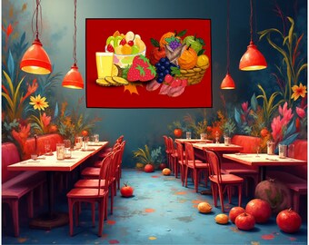 Arte mural de cocina con frutero, ilustración de comida roja (descarga digital)