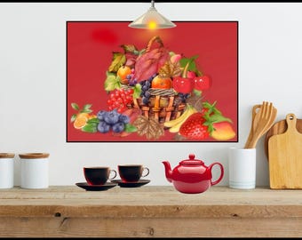 Arte mural de cocina con cesta de frutas, ilustración de comida roja, impresión digital grande de 30 x 24 pulgadas
