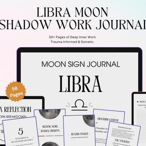 Può includere: Un diario digitale Libra Moon Shadow Work con oltre 50 pagine per un lavoro interiore profondo. Il diario include suggerimenti, esercizi e un kit di strumenti di guarigione. La copertina mostra il testo "Libra Moon Shadow Work Journal" e "Moon Sign Journal Libra".