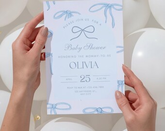 Invitación para baby shower con lazo azul: Invitación para bebé niño (Plantilla editable de Canva, descarga digital)