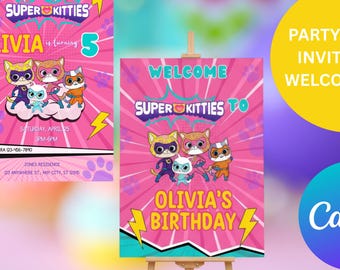 Invitación de cumpleaños de Super Kitties y cartel de bienvenida / Plantilla editable de Canva (descarga digital) / Paquete de fiesta de gatitos