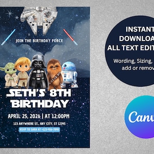 May include: A Star Wars birthday invitation with Yoda, Luke Skywalker, Darth Vader, Chewbacca, and R2-D2. The invitation includes the text "Seth's 8th Birthday" and event details against a starry background. The design is editable in Canva.