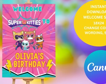 Letrero de bienvenida de Super Kitties / Letrero de cumpleaños de superhéroe gato / Decoración de fiesta / Descarga digital