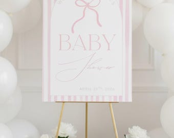 Letrero de bienvenida con lazo rosa para baby shower, plantilla editable (45 x 60 cm)