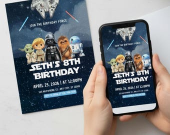 Invitación de cumpleaños de Star Wars, invitación para fiesta galáctica infantil, tema Jedi digital editable, descarga instantánea, plantilla de Canva