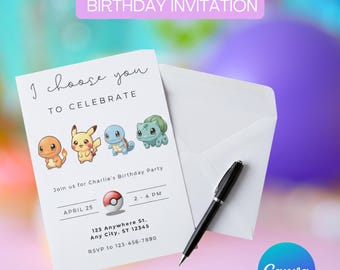 Invitación de cumpleaños de Pokémon / Plantilla editable de Canva / Invitación para fiesta infantil de Pokémon / Descarga digital