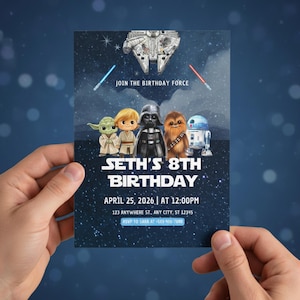 May include: A Star Wars-themed birthday invitation with a starry background and illustrations of characters and a spaceship. The invitation says "Join the Birthday Force" and announces "Seth's 8th Birthday" on April 25, 2026, at 12:00 PM.