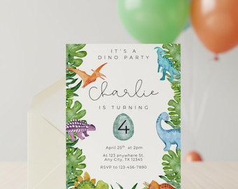 Invitación de cumpleaños de dinosaurio / Plantilla editable de Canva / Invitación para fiesta de dinosaurios / Descarga digital