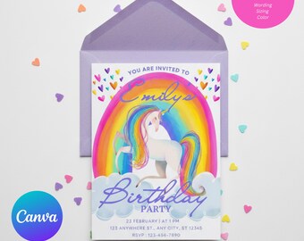 Invitación de cumpleaños de unicornio / Fiesta arcoíris pastel, plantilla editable de Canva (descarga digital)