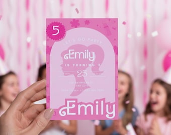 Pink Doll Birthday Invitation Template | Editable Canva Digital Download | Girls Birthday Party Invite