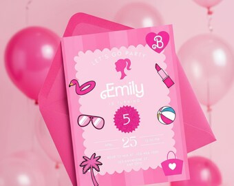 Invitación de cumpleaños de Muñeca Rosa: Plantilla editable de Canva (Descarga digital)