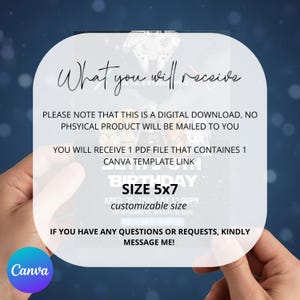 May include: A digital announcement with the text "What you will receive." It details a digital PDF file with a Canva template link. The size is 5x7 inches (approximately 12.7 x 17.8 cm). The Canva logo is in the bottom left corner.