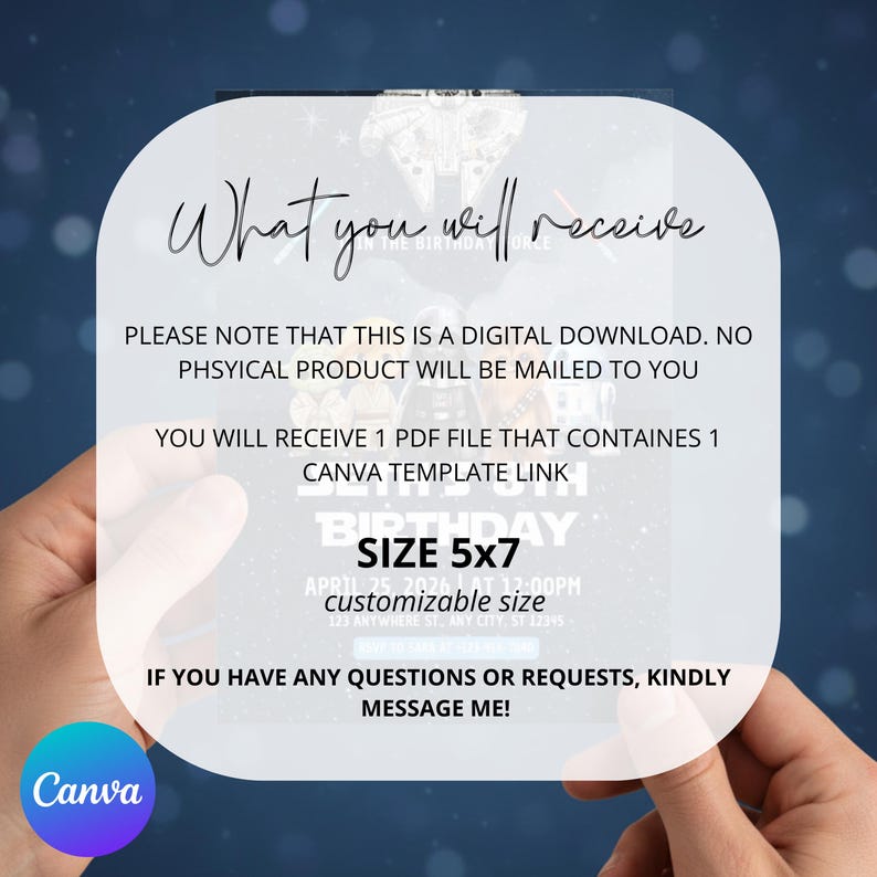 May include: A digital announcement with the text "What you will receive." It details a digital PDF file with a Canva template link. The size is 5x7 inches (approximately 12.7 x 17.8 cm). The Canva logo is in the bottom left corner.