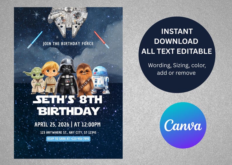May include: A Star Wars birthday invitation with Yoda, Luke Skywalker, Darth Vader, Chewbacca, and R2-D2. The invitation includes the text "Seth's 8th Birthday" and event details against a starry background. The design is editable in Canva.