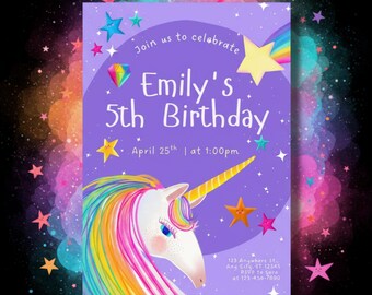Invitación de cumpleaños de unicornio arcoíris / Plantilla editable de Canva (Descarga digital)