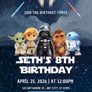May include: A Star Wars-themed birthday invitation with the Millennium Falcon, lightsabers, and cartoon characters Yoda, Luke Skywalker, Darth Vader, Chewbacca, and R2-D2. The invitation says "Join the Birthday Force" and includes party details.