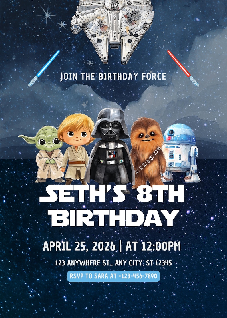 May include: A Star Wars-themed birthday invitation with the Millennium Falcon, lightsabers, and cartoon characters Yoda, Luke Skywalker, Darth Vader, Chewbacca, and R2-D2. The invitation says "Join the Birthday Force" and includes party details.