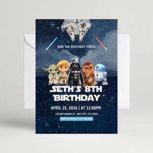 May include: A birthday invitation with Star Wars characters and the text "Join the Birthday Force." The invitation includes the text "Seth's 8th Birthday" and event details. The background is a starry night sky.