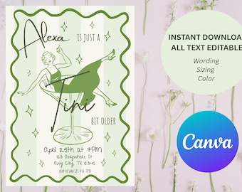 Invitación de cumpleaños de Dirty Thirty / Tini Bit Older / Copa de Martini / Plantilla de Canva editable /