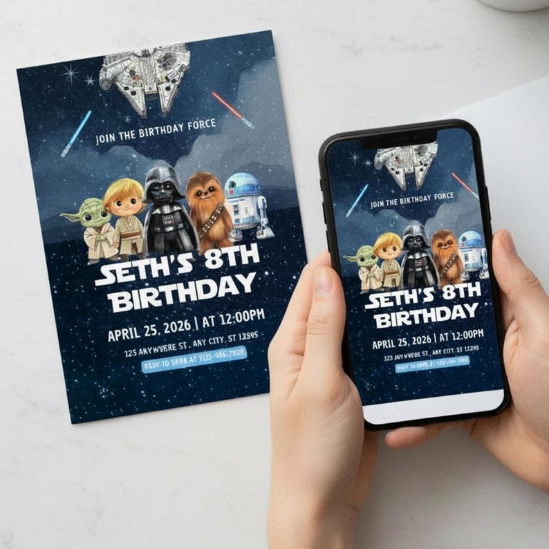 May include: A birthday invitation featuring Star Wars characters, including Yoda, Darth Vader, and Chewbacca, against a starry blue background. The invitation reads "Seth's 8th Birthday" with the date and time. A smartphone displays the same invitation.