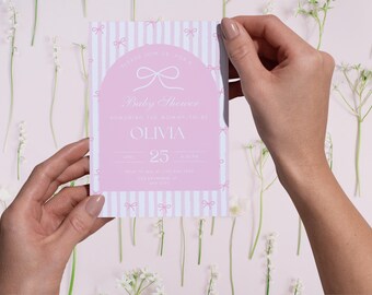 Invitación para baby shower con lazo rosa: Invitación para niña (Plantilla editable de Canva, descarga digital)