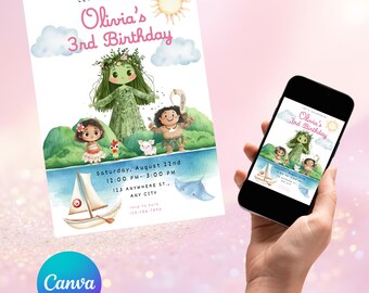 Invitación de cumpleaños de Moana para niña, invitación digital inspirada en Moana 2, invitación editable para fiesta de princesa tropical.