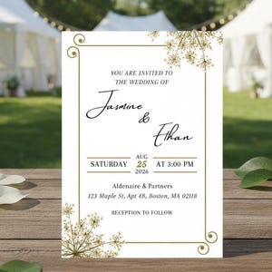 Puede incluir: Una invitación de boda con los nombres "Jasmine & Ethan" en escritura elegante. La invitación incluye la fecha, hora y lugar: 123 Maple St. Apt 4B, Boston, MA 02118. El diseño presenta detalles florales dorados y un borde dorado.