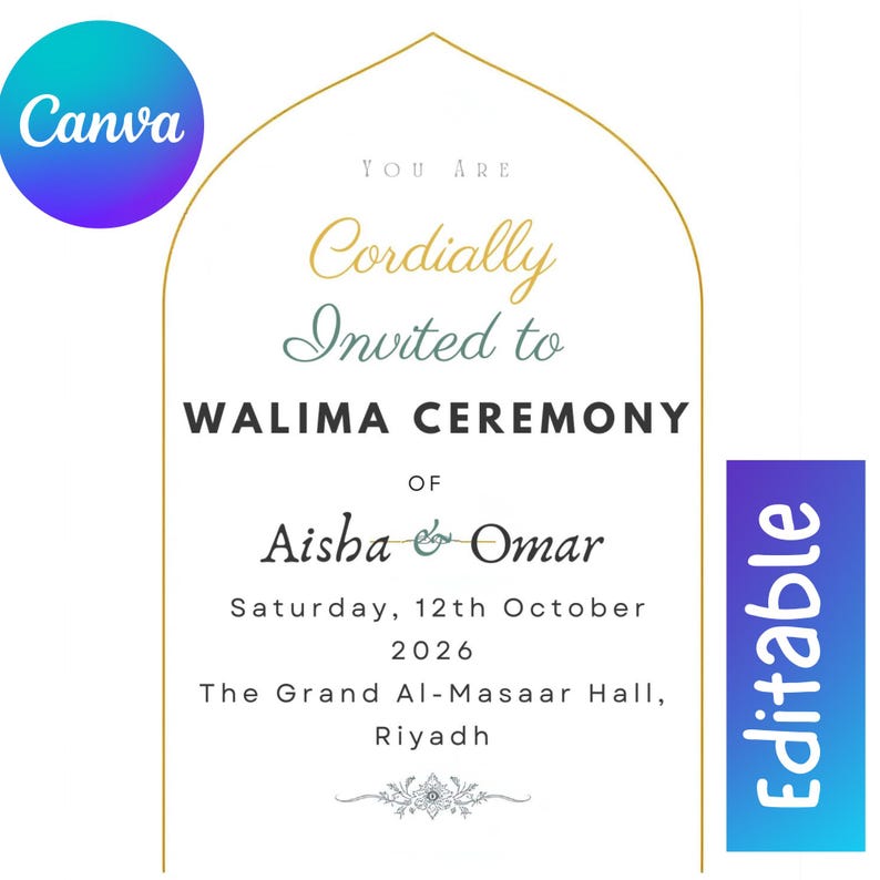 Walima Card Walima Invitation Card Editable in Canva | Muslim Wedding Walimah ...