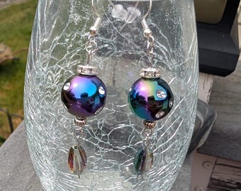 Shimmery blue, green and purple sphere dandle earrings with glass  shimmer drop