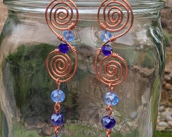 Blue Celestial Double Spiral Copper Earrings