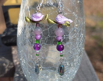 Purple Flower Beaded Dangle Earrings