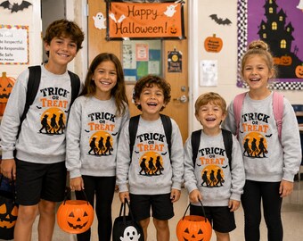 Personalize Trick or Treat Kids Crewneck Sweatshirt | Halloween silhouette, hey boo back print Costume Party Wear