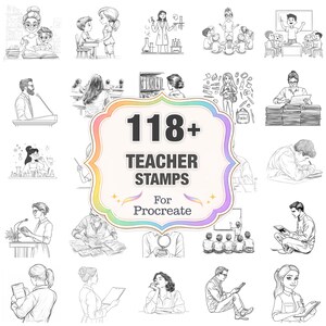 以下が含まれることがあります： Procreate 用の 118 以上の教師スタンプをフィーチャーしたデジタルアートグラフィック。画像には、教室での教師と生徒のさまざまなイラストが含まれており、中央には「118+ TEACHER STAMPS For Procreate」というテキストがあります。