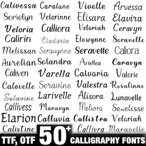 Könnte beinhalten: Eine Sammlung von über 50 Kalligraphie-Schriftarten, dargestellt in einem Raster. Jede Schriftart wird mit einem Beispielwort in einem fließenden, handschriftlichen Stil gezeigt. Der Text "TTF, OTF" und "CALLIGRAPHY FONTS" ist ebenfalls enthalten.