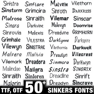 May include: A black and white image showcasing a collection of over 50 fonts, including Sinistra, Sinstorm, Malrose, Sinara, Sinrovia, Grimhale, Vilewyn, Malvera, Vilemark, Malindae, Sinraith, and Malorin. The text "TTF, OTF" and "SINKERS FONTS" are also visible.
