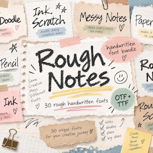 May include: A digital font bundle display featuring various handwritten text samples on torn paper scraps. The central sheet reads Rough Notes, surrounded by labels like Daily Doodle, Ink Scratch, Messy Notes, and Paper Habit, with OTF and TTF file format indicators.