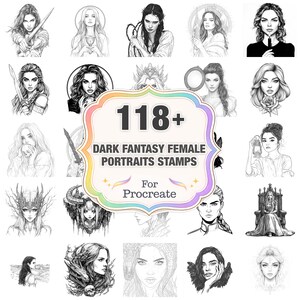 Puede incluir: Una colección de retratos femeninos de fantasía oscura en blanco y negro. La imagen incluye un gráfico central con el texto "118+ Dark Fantasy Female Portraits Stamps For Procreate". Los retratos representan a varias mujeres con diferentes peinados y expresiones.