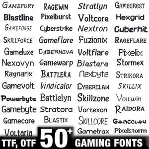 May include: An image showcasing over 50 gaming fonts in black, with diverse styles. Font names include "RageWin", "Pixelburst", and "Cyberstrike". The image also features the text "TTF, OTF" and "GAMING FONTS".