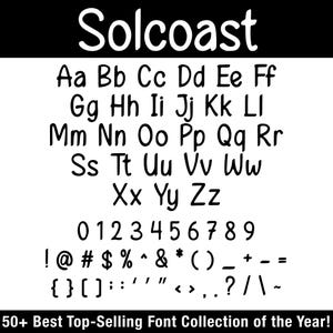 K&ouml;nnte beinhalten: Schwarz-wei&szlig;es Bild mit der Schriftart Solcoast. Das Bild zeigt das Alphabet in Gro&szlig;- und Kleinbuchstaben, Zahlen und Symbole. Der Text "50+ Best Top-Selling Font Collection of the Year!" befindet sich unten.