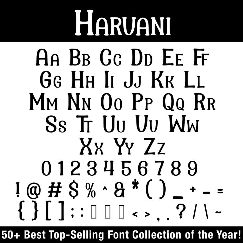 K&ouml;nnte beinhalten: Eine Schwarz-Wei&szlig;-Schriftprobe mit dem Wort "HARVANI" oben. Das Bild zeigt das Alphabet, Zahlen und Symbole. Der Text "50+ Best Top-Selling Font Collection of the Year!" befindet sich unten.