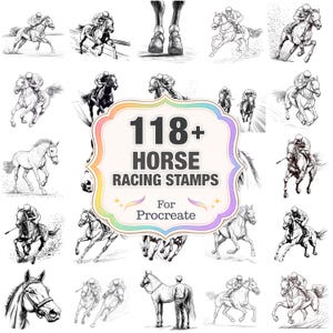 以下が含まれることがあります： Procreate 用の白黒競馬スタンプのコレクション。画像には、アクション中の馬と騎手の複数のイラストが描かれており、中央のグラフィックには「118+ HORSE RACING STAMPS For Procreate」と書かれています。