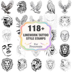 Könnte beinhalten: Eine Sammlung von 118+ Linien-Tattoo-Stil-Stempeln für Procreate. Das Bild zeigt detaillierte Schwarz-Weiß-Illustrationen von Adlern, Löwen und menschlichen Gesichtern. Die Stempel sind für digitale Kunst und Tattoo-Design konzipiert.