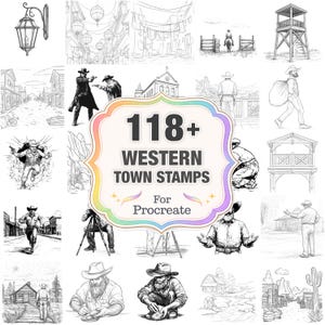 Más de 118 sellos de pueblos del oeste para Procreate, paquete de imágenes PNG de pueblos, descarga instantánea.