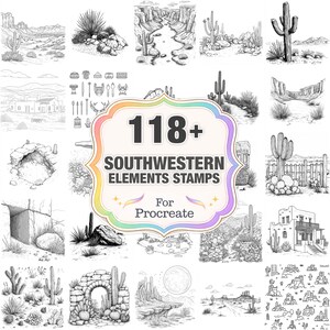 Puede incluir: Colección de ilustraciones en blanco y negro con temática del suroeste, que incluye cactus, paisajes y elementos arquitectónicos. La imagen presenta el texto "118+ Southwestern Elements Stamps For Procreate."