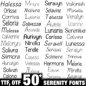 Peut inclure: Présentation numérique de plus de 50 polices Serenity en formats TTF et OTF. Les polices sont affichées avec différents noms en écriture cursive, tels que Halessa, Mirayne et Seravyn. Le texte 'SERENITY FONTS' est également visible.