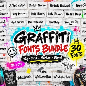 Puede incluir: Una colección digital de 30 fuentes de estilo grafiti titulada Graffiti Fonts Bundle, que presenta varias muestras de texto como Alley Ghost, Brick Noise e Ink Havoc sobre un fondo de pared de ladrillo blanco con salpicaduras de pintura.